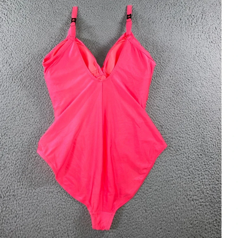 One Piece Swimsuit Women Large Neon Hot Pink Ruched V-Neck Twist Beach Poolside‎